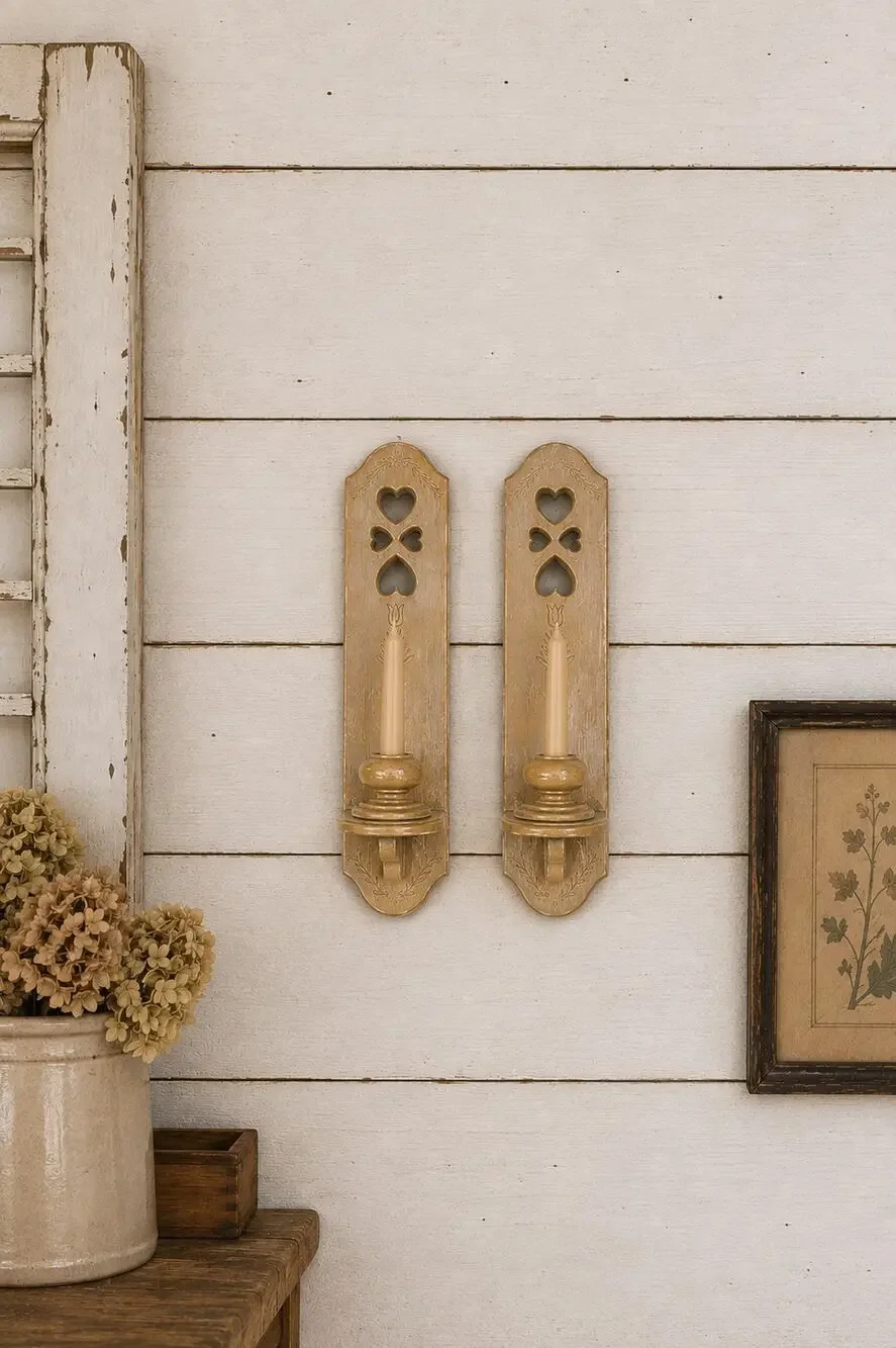 Vintage 1980s Burwood Heart Cutout & Tulip Flower Faux Wood Wall Sconces 15